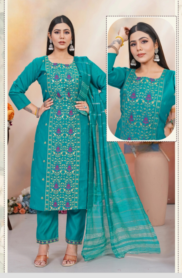Turquoise Blue  Straight Kurti Pant Dupatta Set