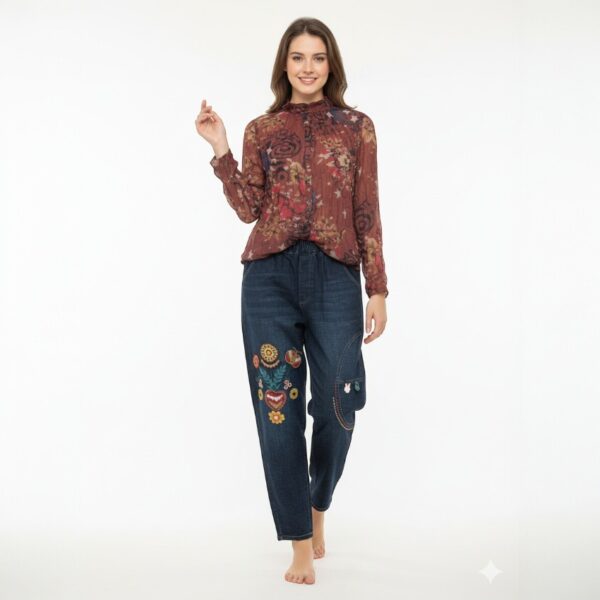 Floral Print Shirt with Patch Pocket Denim Pants Set
