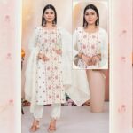 White Thread-Embroidery Kurti Pant Dupatta Set
