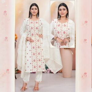 White Thread-Embroidery Kurti Pant Dupatta Set