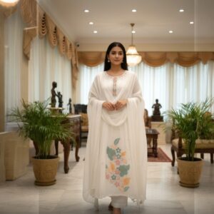 Elegant White Embroidery Kurti With Dupatta Set