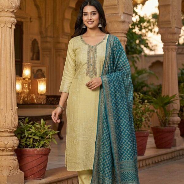 Soft Yellow Embroidery Kurti with Teal Dupatta  Set