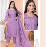 Lavender Embroidered Kurti Pant Dupatta Set
