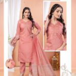 Elegant Peach Silk-Blend Embroidery Kurti Pant Dupatta Set