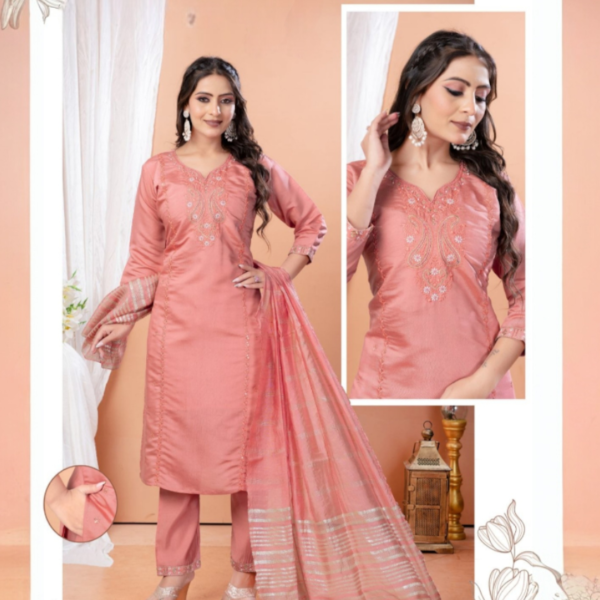 Elegant Peach Silk-Blend Embroidery Kurti Pant Dupatta Set