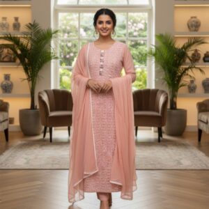 Peach Embroidery Cotton Blend Kurti Set with Dupatta