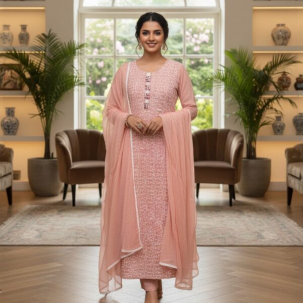Peach Embroidery Cotton Blend Kurti Set with Dupatta