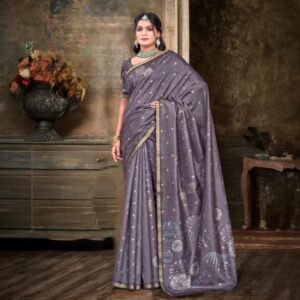 Elegant Grey Soft Silk Printed Saree
