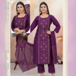 Royal Purple Embroidery Kurti Pant Dupatta Set