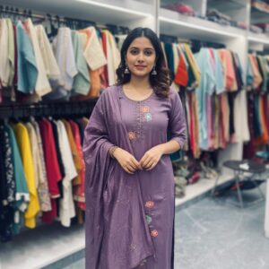 Purple Embroidery Silk-Blend Kurti Set with Dupatta