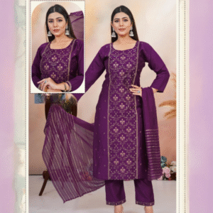 Royal Purple Embroidery Kurti Pant Dupatta Set