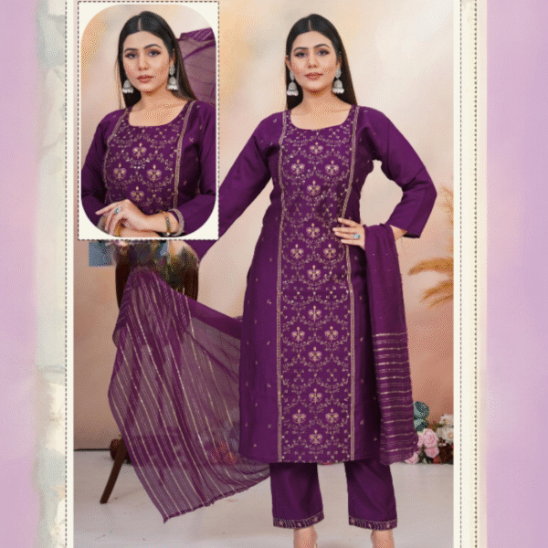 Royal Purple Embroidery Kurti Pant Dupatta Set