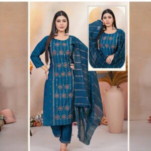Navy Blue Embroidery Straight Kurti Pant Dupatta Set