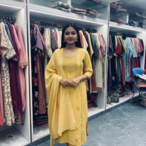 Sunshine Yellow Embroidery Silk-Blend Kurti Set with Dupatta