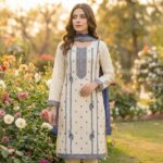 Royal Blue & Cream Embroidery Ethnic Kurti With Dupatta Set