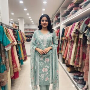 Pastel Green Floral Embroidery Kurti Set with Designer Lace Dupatta