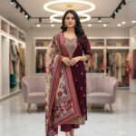 Royal Maroon Embroidery Silk-Blend Kurti Set with Printed Dupatta
