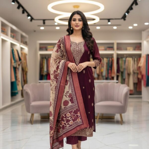 Royal Maroon Embroidery Silk-Blend Kurti Set with Printed Dupatta