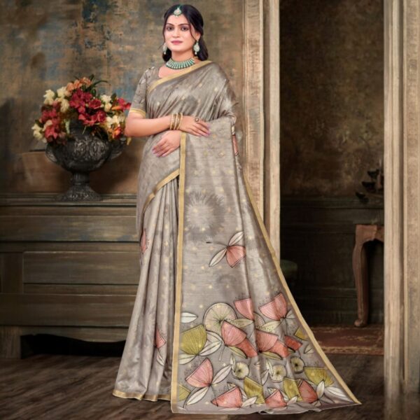 Elegant Taupe Grey Linen-Silk Saree