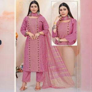 Elegant Pink Embroidery Straight Kurti Set with Dupatta