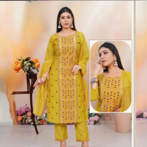 Yellow Embroidery Straight Kurti Set with Dupatta