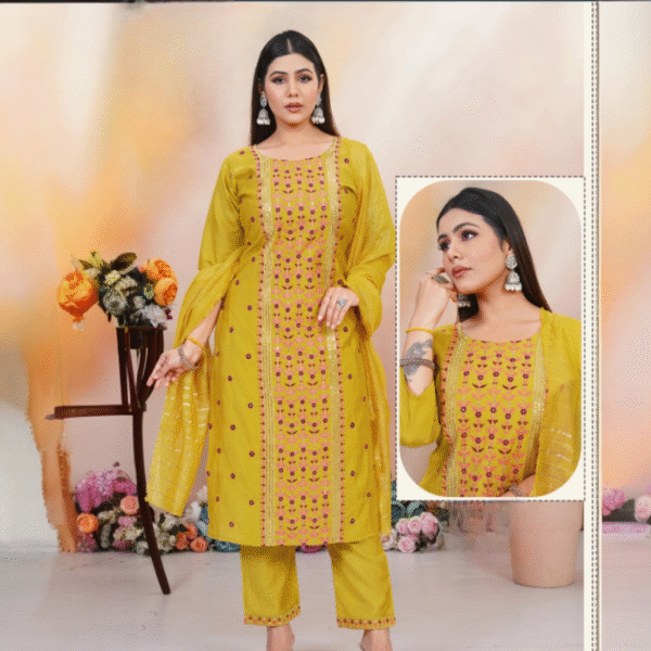 Yellow Embroidery Straight Kurti Set with Dupatta