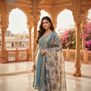 Aqua Blue Floral Embroidery Silk-Blend Kurti Set with Printed Dupatta