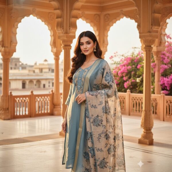 Aqua Blue Floral Embroidery Silk-Blend Kurti Set with Printed Dupatta