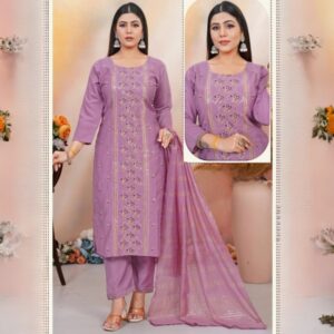 Elegant Lavender Embroidery Straight Kurti Set with Dupatta