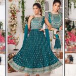 Teal Pleated Anarkali Long Frock with Dupatta