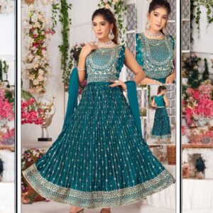 Teal Pleated Anarkali Long Frock with Dupatta