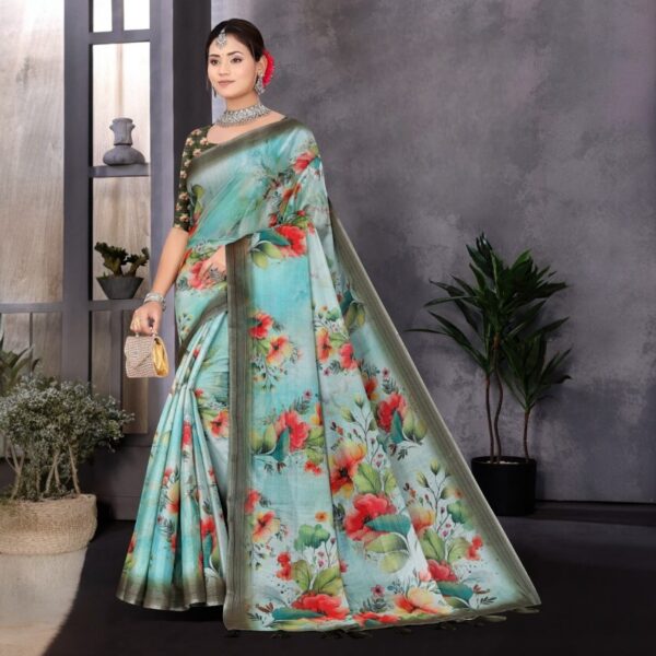 Aqua Bloom Tissue Silk Floral Saree