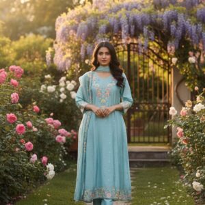 Embroidery Sky Blue Silk Kurti Set