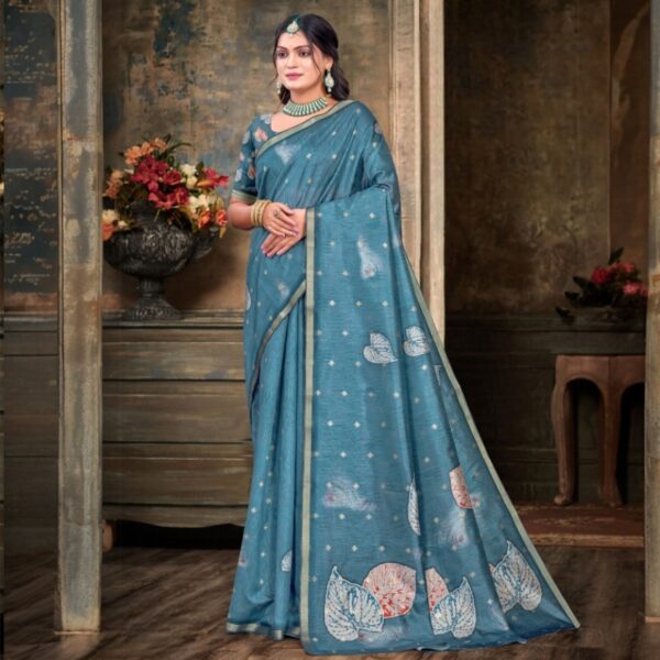 Teal Blue Soft Linen Silk Printed Saree
