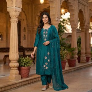 Embroidery Teal Silk Kurti Set with Designer Dupatta