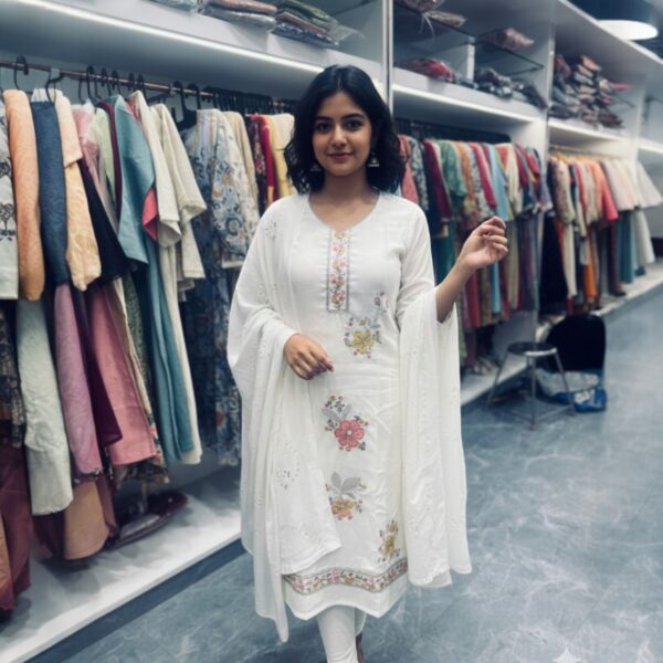 Elegant White Multi-Color Floral Embroidery Kurti Set with Designer Dupatta