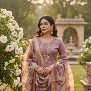 Rosewood Embroidery Silk-Blend Kurti Set with Floral Dupatta