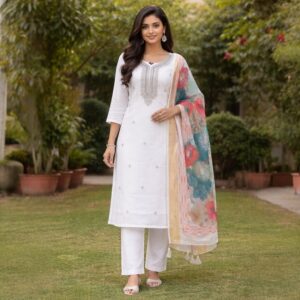 Elegant White Embroidery Kurta Set with Floral Dupatta