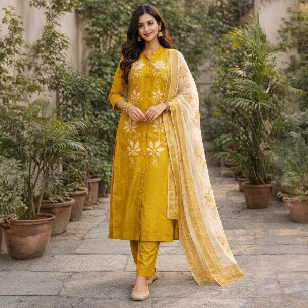 Mustard Floral Embroidery Kurta Set