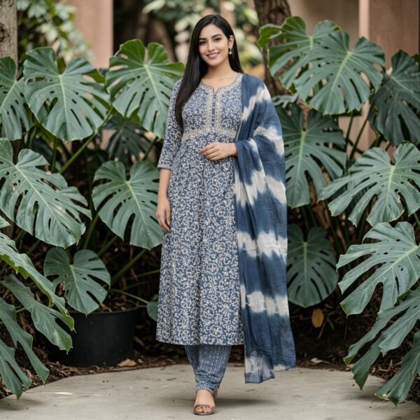 Slate Blue Floral Printed Kurta Set