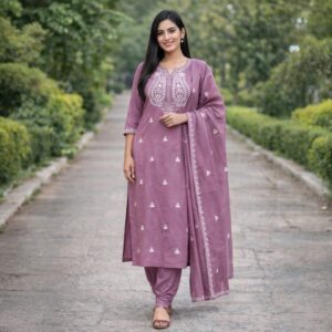 Lavender Embroidered Cotton Kurta Set with Dupatta