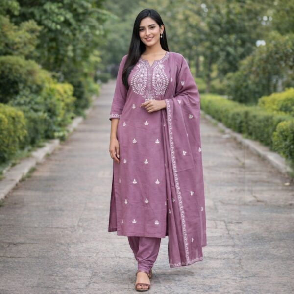 Lavender Embroidered Cotton Kurta Set with Dupatta