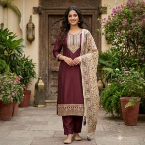 Royal Burgundy Chanderi Silk Tunic Set