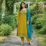 Teal-Ochre Bloom Embroidery Kurta Set