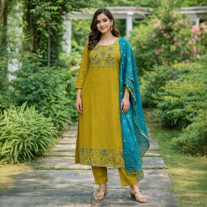 Teal-Ochre Bloom Embroidery Kurta Set
