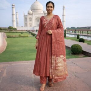 Rust Rose Mul Cotton Anarkali Suit Set