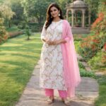 Ivory Floral Printed Kurta Pant Set with Pink Dupatta