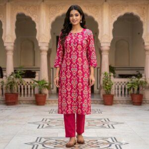 Rani Pink Ethnic Printed Kurta Pant Set