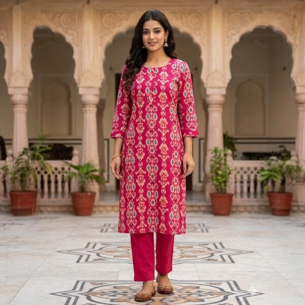 Rani Pink Ethnic Printed Kurta Pant Set