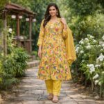 Sunshine Yellow  Floral Batik Print With Hand Embroidery Chudidhar Set with Palazzo Hakoba Design